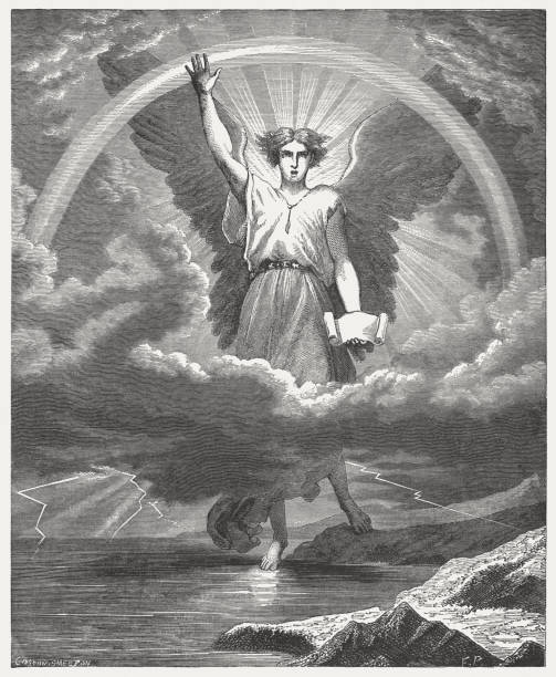 ilustraciones, imágenes clip art, dibujos animados e iconos de stock de el ángel con el librito (apocalipsis 10), publicado 1886 - judgement day