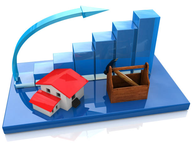 crescimento do negócio de bar gráfico gráfico de novas habitações - conceito de construção de novos edifícios, casas na concepção de informações relacionadas aos negócios. ilustração 3d - rating bar graph finance business - fotografias e filmes do acervo