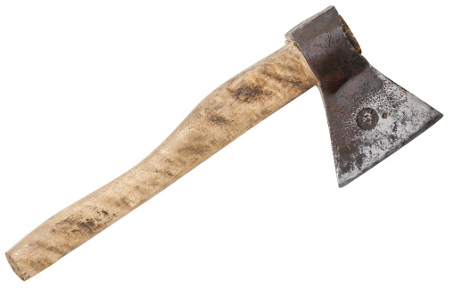 Old ax with wooden handle isolated on white background with clipping paths