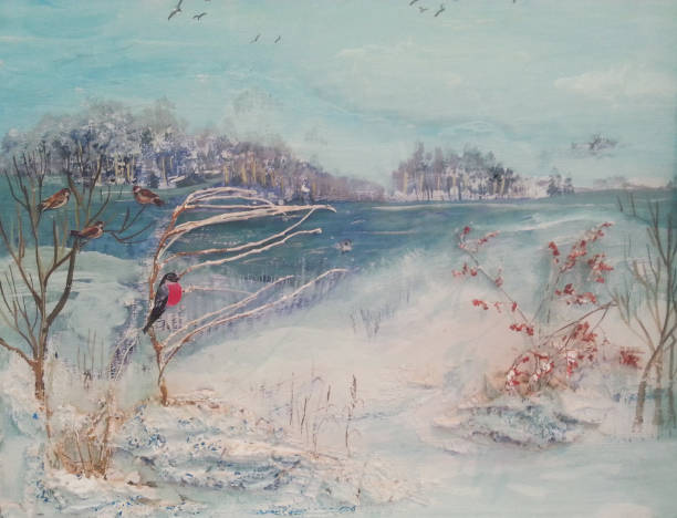 Oil painting, winter trees, river and birds Oil painting, winter trees, river and birds.Landscape close to illustrations stock illustrations