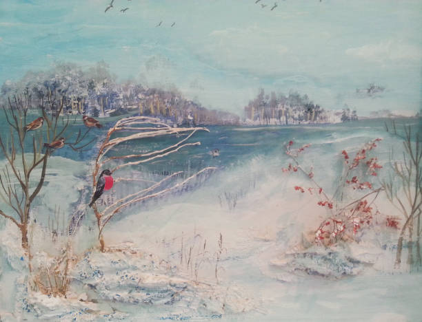 Oil painting, winter trees, river and birds Oil painting, winter trees, river and birds.Landscape winter cloth pictures stock illustrations