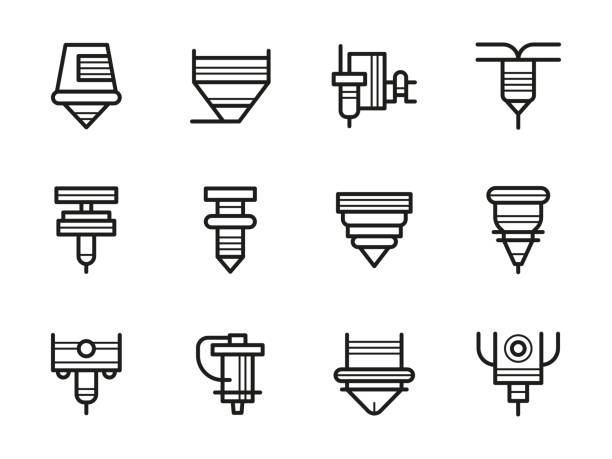 illustrazioni stock, clip art, cartoni animati e icone di tendenza di set di icone vettoriali della linea nera delle teste di macchina laser - soldering iron illustrations