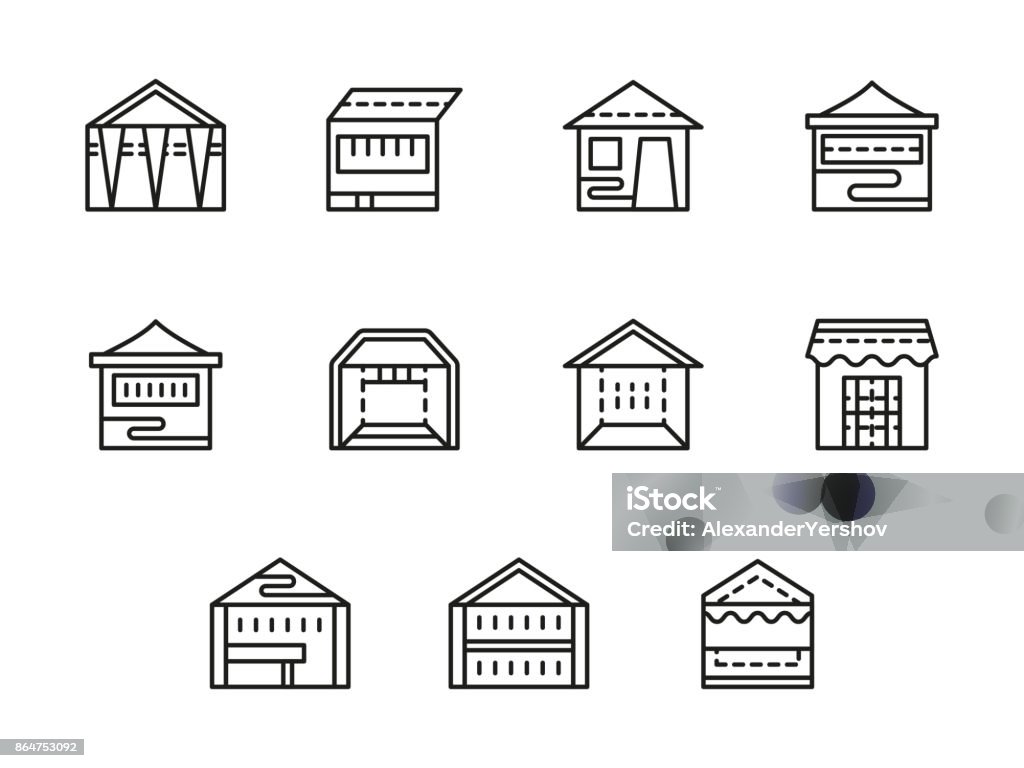 Tents and pavilions black line vector icons set Different types of tents and pavilions. Folding canvas roof, canopy, kiosk. Structures for street trade, exhibition and promotion events. Collection of simple black line design vector icons. Gazebo stock vector