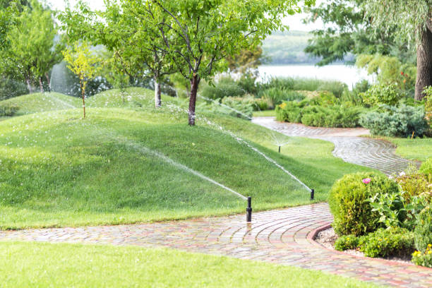 istock Automatic sprinklers watering modern fruit garden with hills cov 864756930