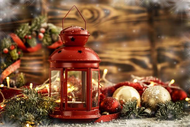 istock Red lantern and golden Christmas balls 864760184