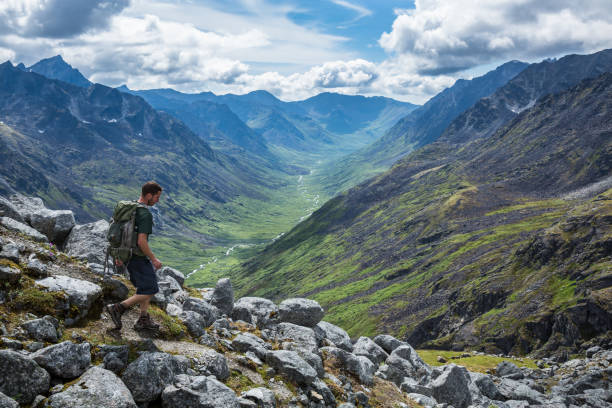 Hiker on steep trail overlooking valley in Alaska A man in his mid-20's hikes with a daypack down a steep trail overlooking the Little Susitna River in the Gold-Mint Trail Valley of the Hatcher Pass area in the Talkeetna Mountain Range of Alaska. talkeetna mountains stock pictures, royalty-free photos & images