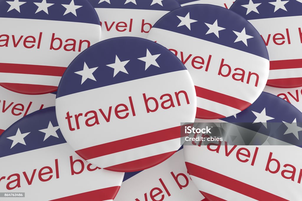 USA Politics News Badges: Pile of Travel Ban Buttons With US Flag, 3d illustration Travel Ban Stock Photo