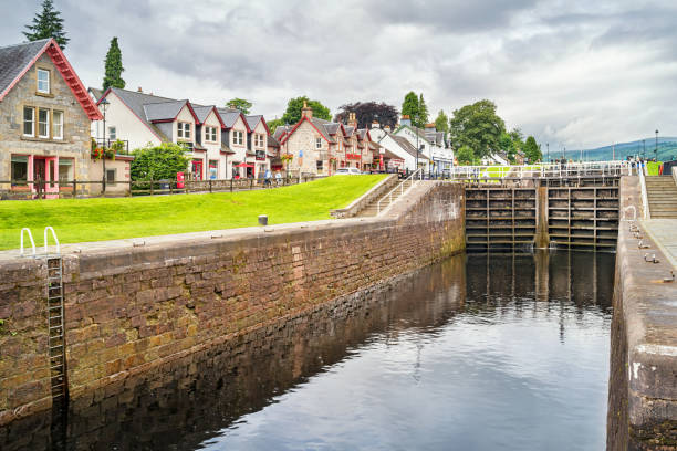 Caledonian Canal in Fort Augustus Scotland Stock photograph of a lock at the landmark Caledonian Canal in downtown Fort Augustus, Inverness-shire, Scotland, United Kingdom. fort augustus stock pictures, royalty-free photos & images