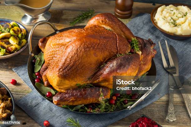 Organic Homemade Smoked Turkey Dinner For Thanksgiving Stock Photo - Download Image Now