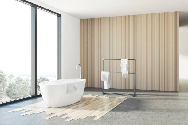 istock White and wooden bathroom, white tub, loft 864780128