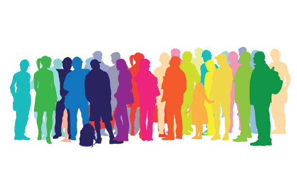 Waiting Around Crowded People Variety of people in a large group in bright colored silhouettes people working together clip art stock illustrations