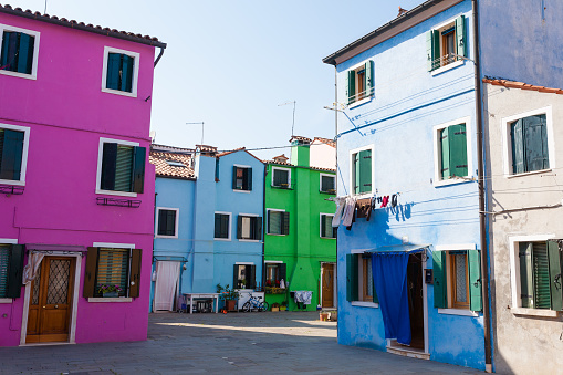 Colored houses view. Burano island, Venice. Traditional italian landscape.