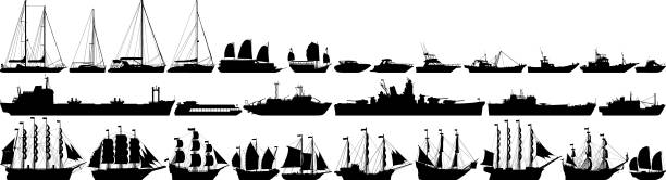 illustrazioni stock, clip art, cartoni animati e icone di tendenza di silhouette della barca altamente dettagliate - industrial ship illustrations