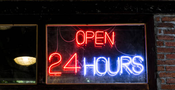istock 24 hour open label at shop. 864831260