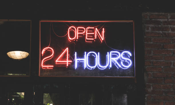 istock 24 hour open label at shop. 864831408