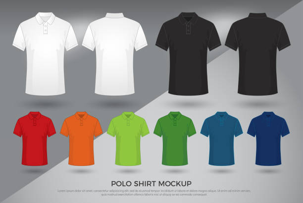 illustrations, cliparts, dessins animés et icônes de maquette de chemise polo hommes, lot de chemises polo blancs modèle noirs, blancs et couleurs. vue avant et arrière. illustration vectorielle - polo shirt