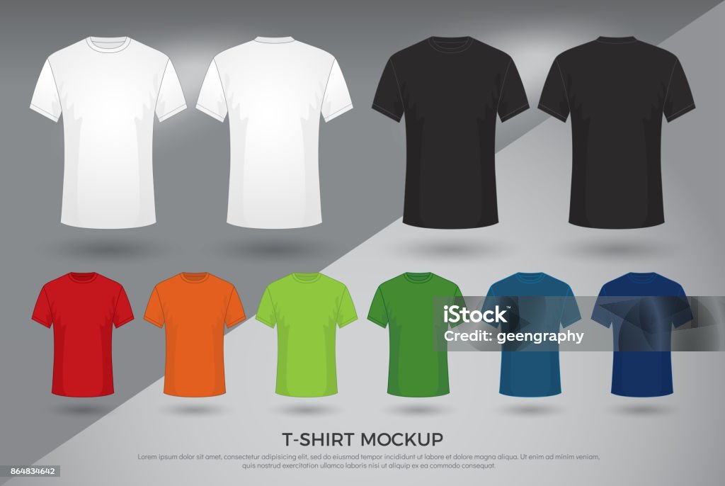 Мужская футболка макет, набор черных, белых и цветных футболок шаблоны дизайна. спереди и сзади вид рубашки макет вверх. векторная иллюстра� - Векторная графика Футболка роялти-фри