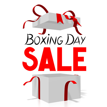 Boxing Day sale illustration - open gift box with ribbon and bow, white background.