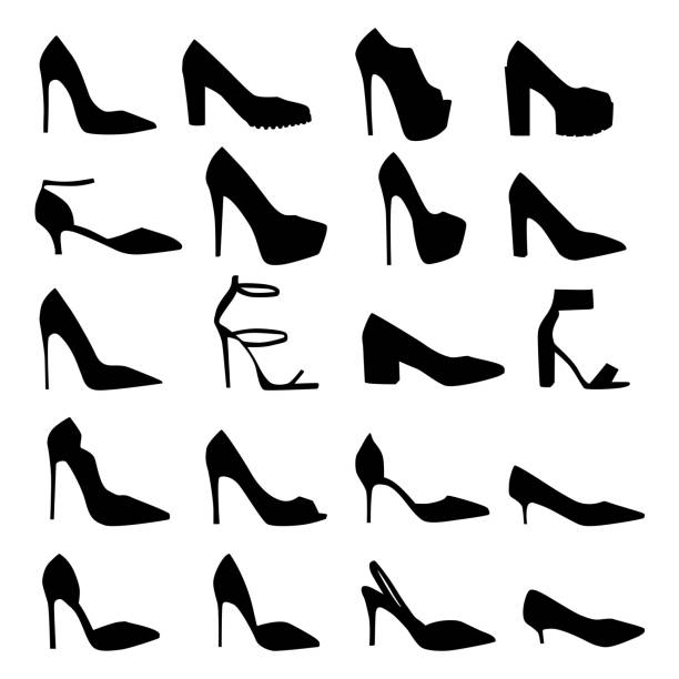 shoes Set of vector silhouettes of female shoes with heels high heels stock illustrations