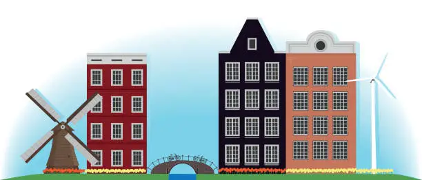 Vector illustration of Illustration. Mill, building and bridge in the Netherlands.