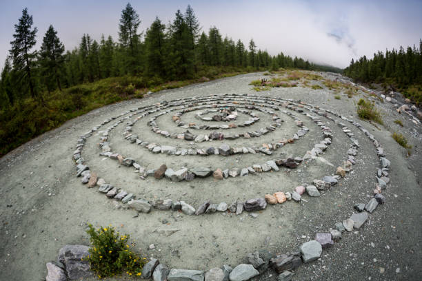 Old labyrinth meditation maze of stone in Altai, Russia