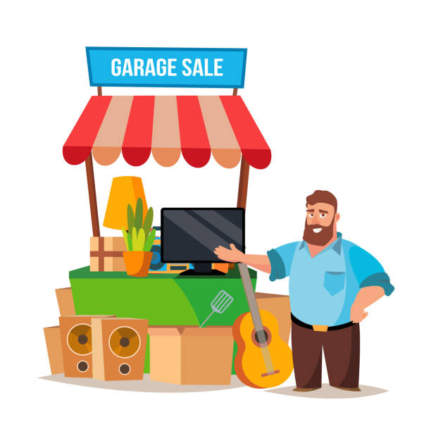 yard sale vektor. mann mit einem flohmarkt. isoliert auf weißem cartoon character illustration - garage sale sale furniture shopping stock-grafiken, -clipart, -cartoons und -symbole