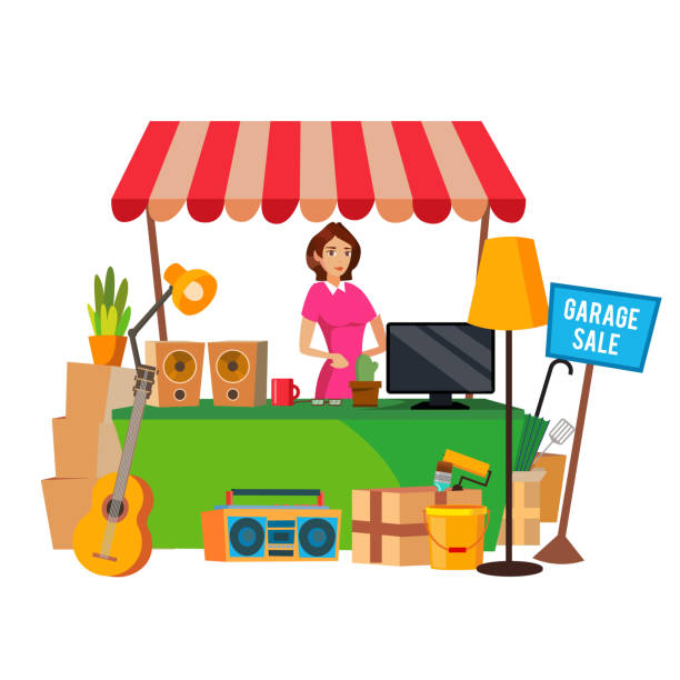 Garage Sale Vector. Assorted Household Items. Flat Cartoon Illustration Yard Sale Vector. Household Items Sale. Woman Manning a Garage Sale. Cartoon Character Illustration kids cleaning up toys stock illustrations