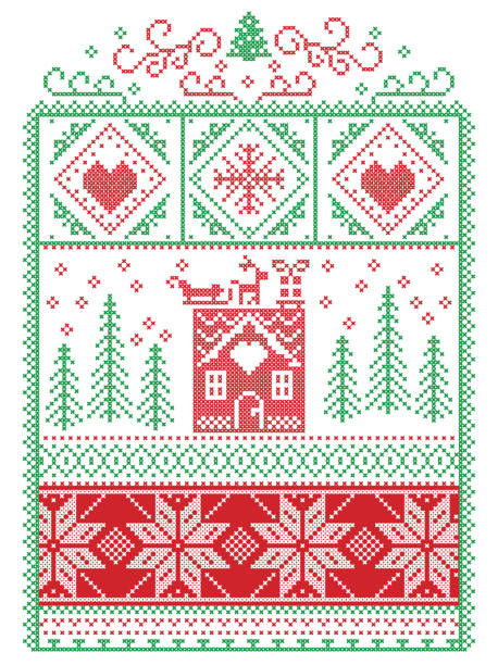 bildbanksillustrationer, clip art samt tecknat material och ikoner med elegant jul scandinavian, nordisk stil vintern sömmar, mönster inklusive snöflinga, hjärtat, renar, släde,, pepparkakshus, julgran, gåva, snö i rött, grönt i dekorativ ram - winter wonderland