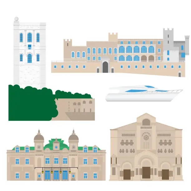 Vector illustration of Flat building of Monaco country, travel icon landmarks in Monte Carlo. City architecture. World travel vacation sightseeing European collection.