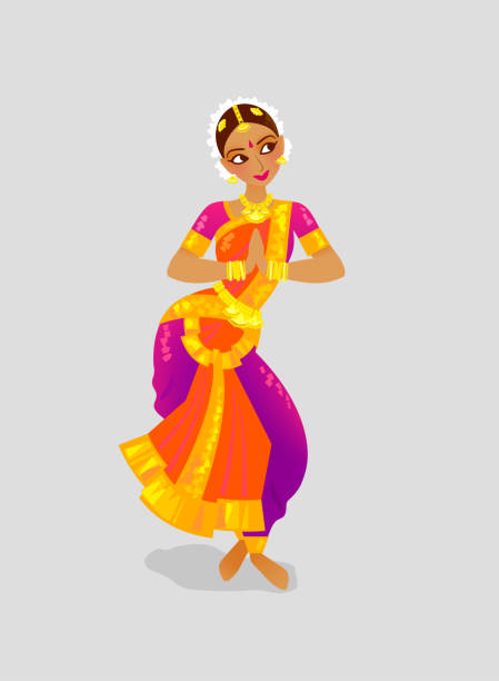 abbildung einer frau, die indischen tanz im stil des bharatanatyam - bharatanatyam stock-grafiken, -clipart, -cartoons und -symbole