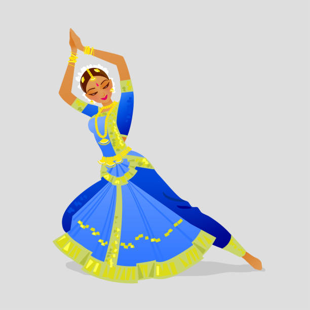 illustrazioni stock, clip art, cartoni animati e icone di tendenza di illustrazione di una donna che balla danza indiana nello stile di bharatanatyam - indian ethnicity indian culture jewelry gold
