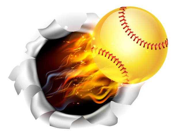 illustrazioni stock, clip art, cartoni animati e icone di tendenza di palla softball fiammeggiante che strappa un buco sullo sfondo - baseballs baseball breaking broken