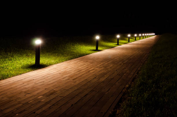 istock The footpath in the darkness is lit by several lanterns. 864907496