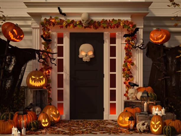 istock halloween decorated house with pumpkins and skulls. 3d rendering 864918224