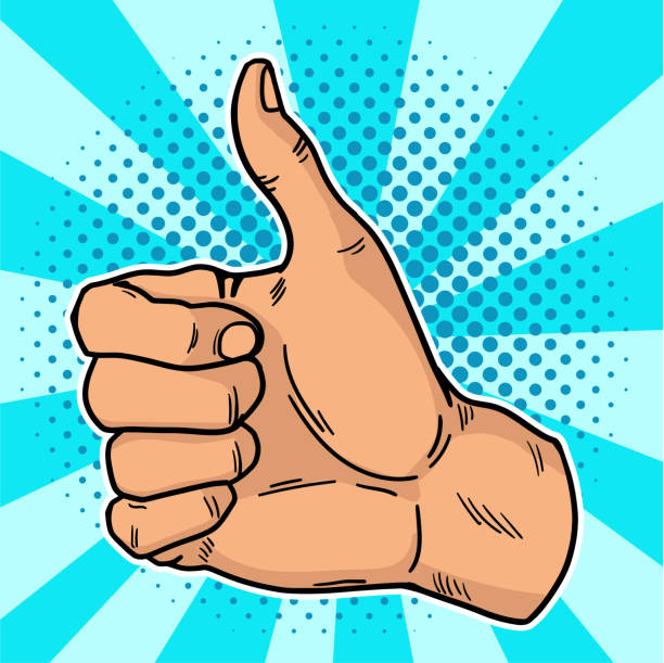 винтаж поп-арт, как. положительный жест в социальных сетях. большой палец вверх в стиле ретро на фоне сине-пузырь. векторная иллюстрация. - friendship human thumb book communication stock illustrations