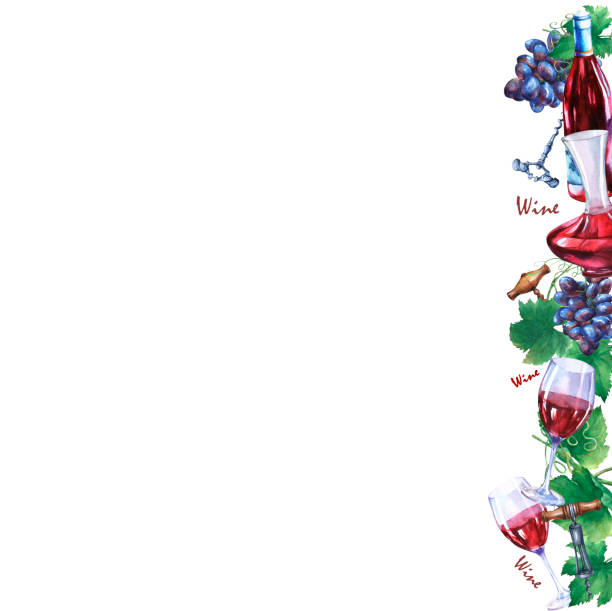 illustrazioni stock, clip art, cartoni animati e icone di tendenza di modello con grappolo di uva fresca, cavatappi, decanter, bottiglia e bicchieri di vino rosso. dipinto ad acquerello disegnato a mano su sfondo bianco. - decanter white red black