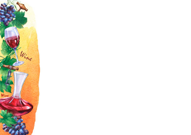 illustrazioni stock, clip art, cartoni animati e icone di tendenza di modello con grappolo di uva fresca, cavatappi, decanter e bicchieri di vino rosso. dipinto ad acquerello disegnato a mano su sfondo acquerello giallo e arancione. - decanter white red black