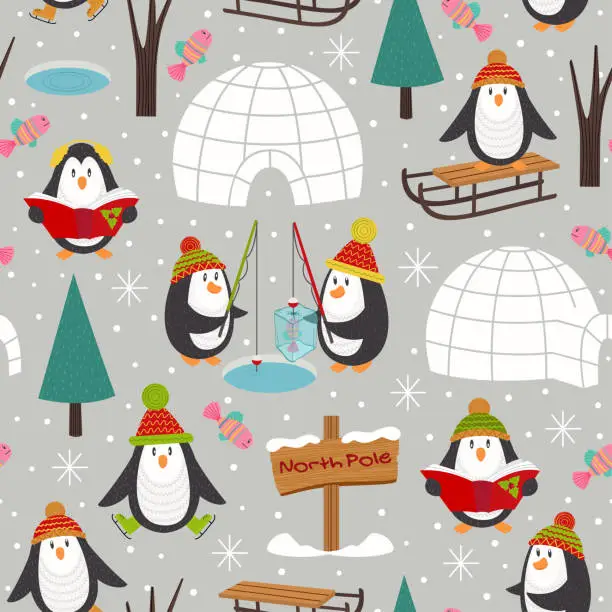 Vector illustration of seamless pattern with penguins