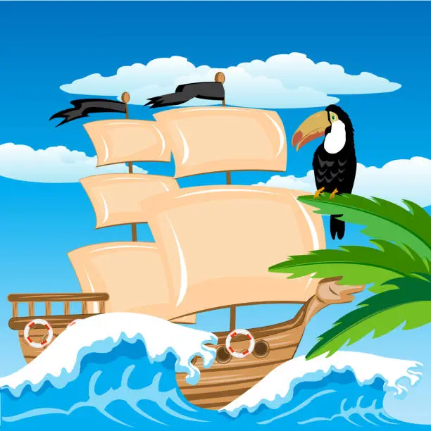 Vector illustration of Sailing nave in tropic