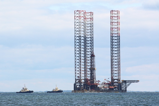 Copenhagen, Denmark - May 05, 2009: Ensco100 Offshore Vessel Oil platform spotted been towing in the Baltic Sea