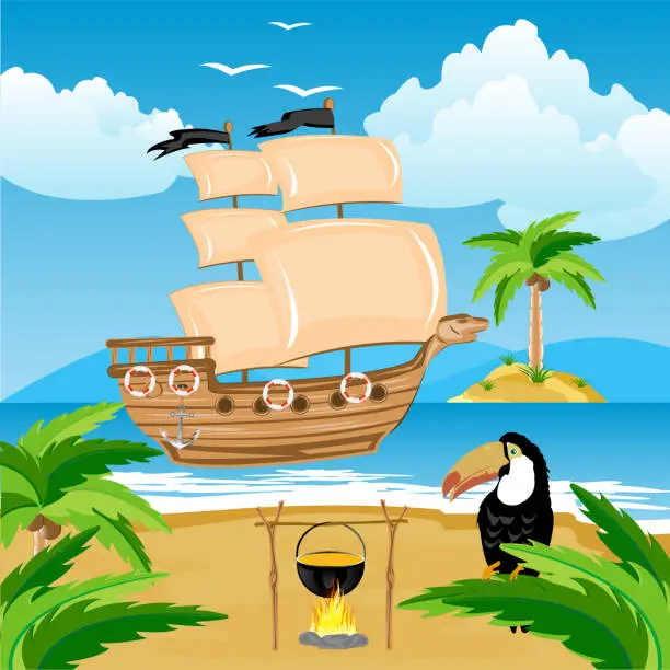 Vector illustration of Nave with sail beside coast in tropic