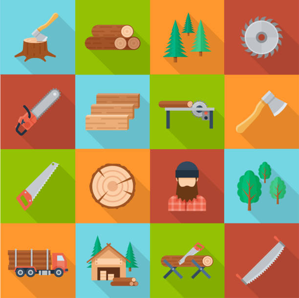 Timber industry set Timber industry set. Offering quality wood products and lumber, beams and planks materials supply. Vector flat style illustration isolated on green, blue, orange, brown background lumber industry timber lumberyard industry stock illustrations