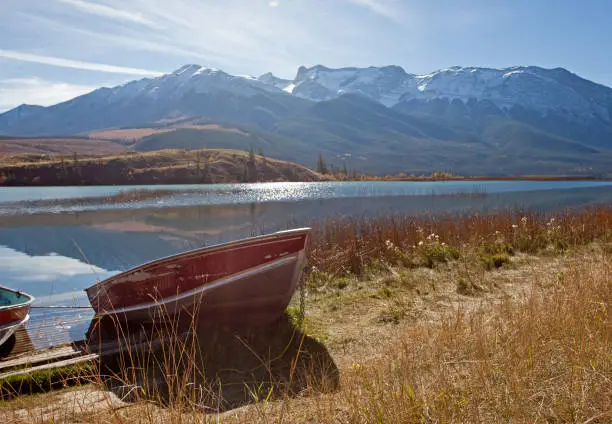 Photo of red boat on a lake