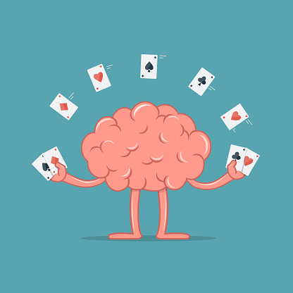Cartoon brain with gambling cards. Brain shows focus with playing cards. Vector illustration in flat style.