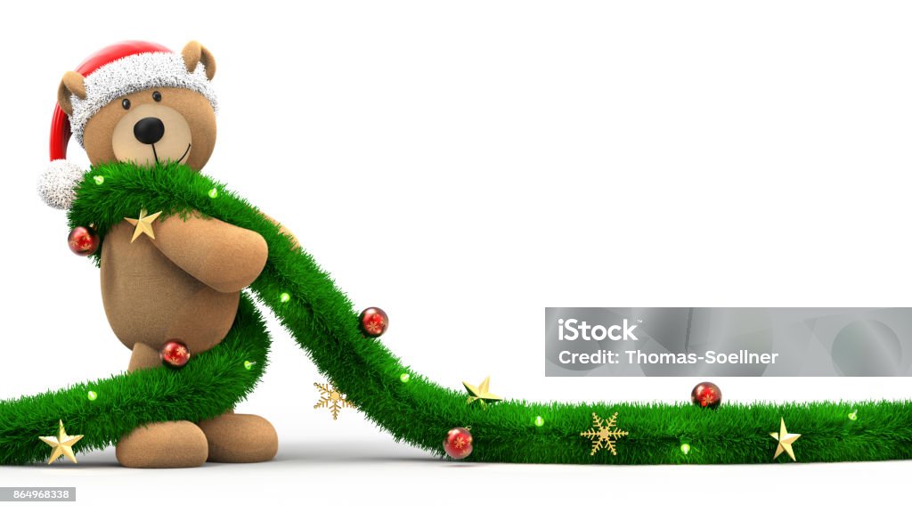Christmas Teddy bear Christmas Teddy bear with Santa Claus hat and garland isolated on white background 3D rendering Christmas Stock Photo