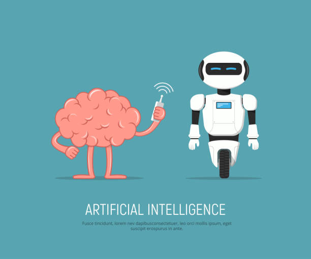 illustrazioni stock, clip art, cartoni animati e icone di tendenza di robot di controllo cerebrale in stile cartone animato. formazione concettuale intelligenza artificiale. - st vrain