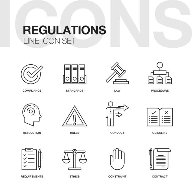 ilustrações de stock, clip art, desenhos animados e ícones de regulations line icons - lawsuit