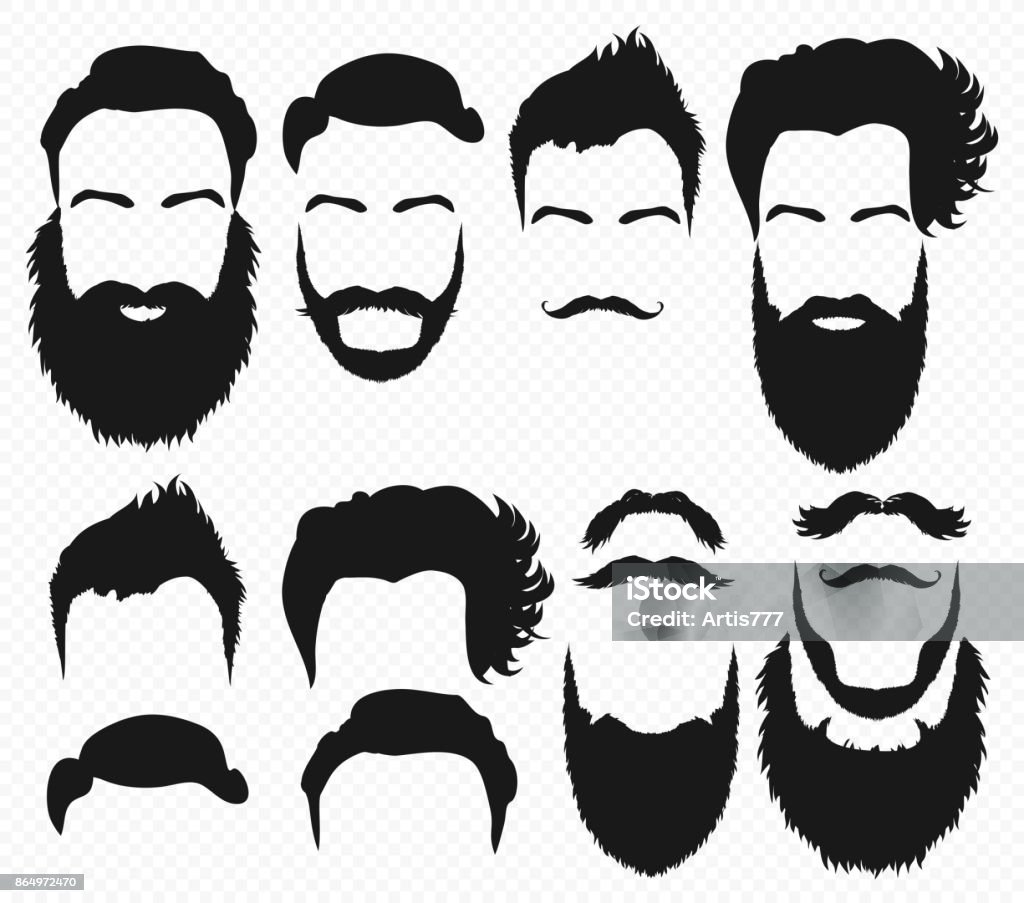 Vector Hair and beard shapes design constructor with men vector silhouette. Fashion silhouette black beard and mustache illustration. Vector Hair and beard shapes design constructor with men vector silhouette. Fashion silhouette black beard and mustache illustration Beard stock vector