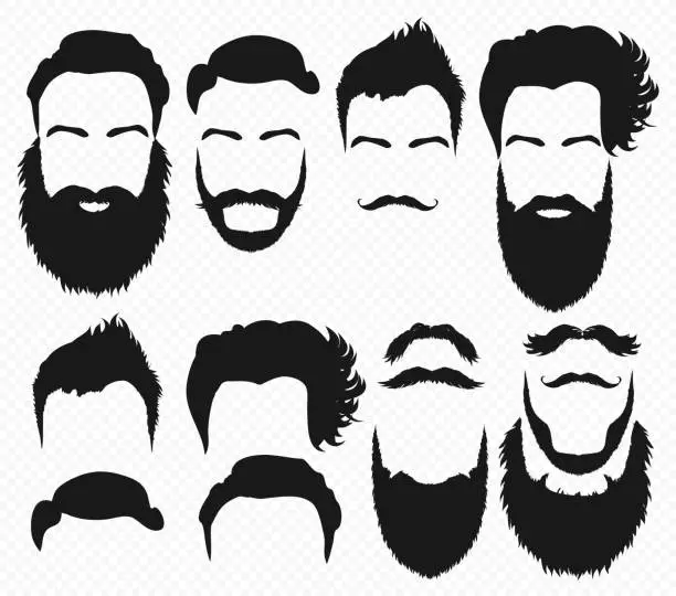 Vector illustration of Vector Hair and beard shapes design constructor with men vector silhouette. Fashion silhouette black beard and mustache illustration.