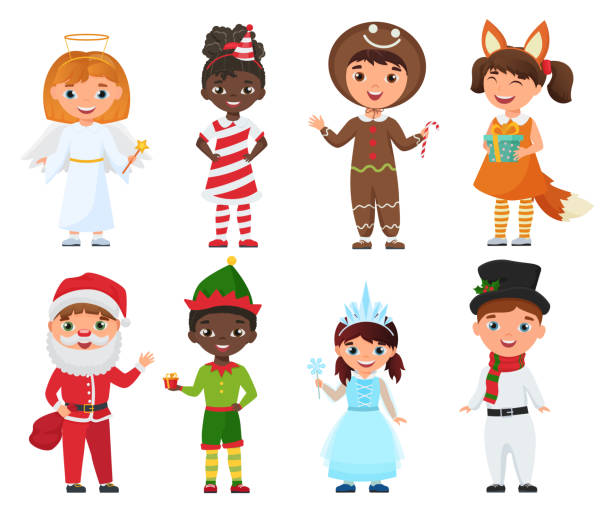 illustrations, cliparts, dessins animés et icônes de ensemble de vecteur d’enfants en costumes de noël. - elf babies and children feelings and emotions holidays and celebrations